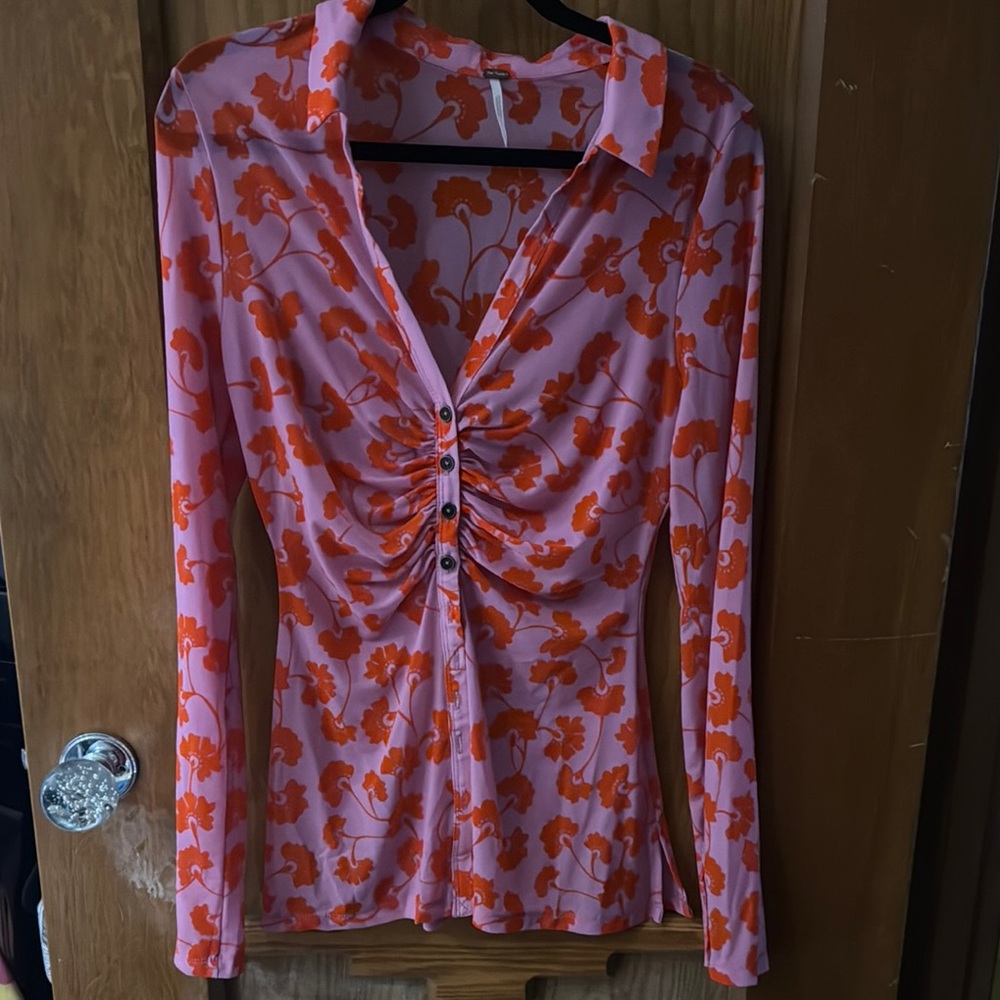 Free People Pink and Orange Floral Blouse